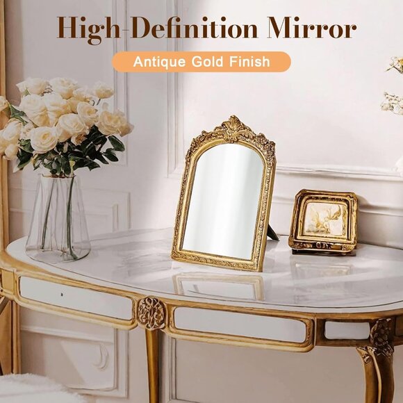 Vintage Makeup Desk Mirror 7 Inch Gold Antique Mirror Frame Decorative Wall Art - Picture 4 of 8